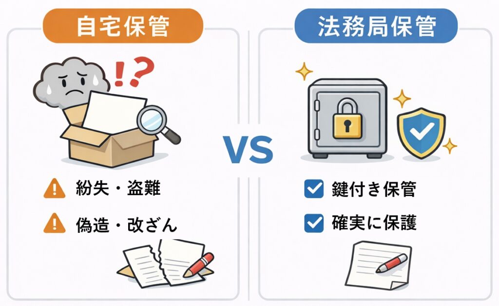 遺言書の保管方法を比較した図解。自宅保管のリスクと法務局保管の安全性を左右で分かりやすく示している。