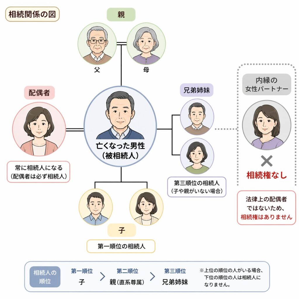 相続関係を示した図解。亡くなった男性を中心に、配偶者・子・親・兄弟姉妹が配置され、内縁の女性パートナーは相続権がないことが示されている。
