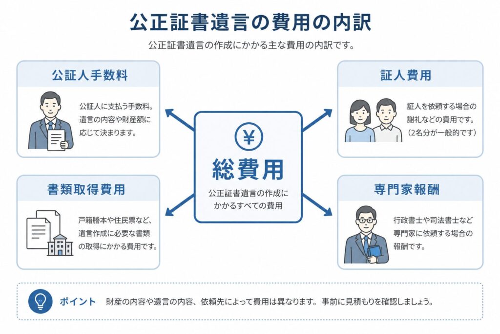 公正証書遺言の費用の内訳を示す図。総費用から公証人手数料、証人費用、書類取得費用、専門家報酬に分かれる構成。