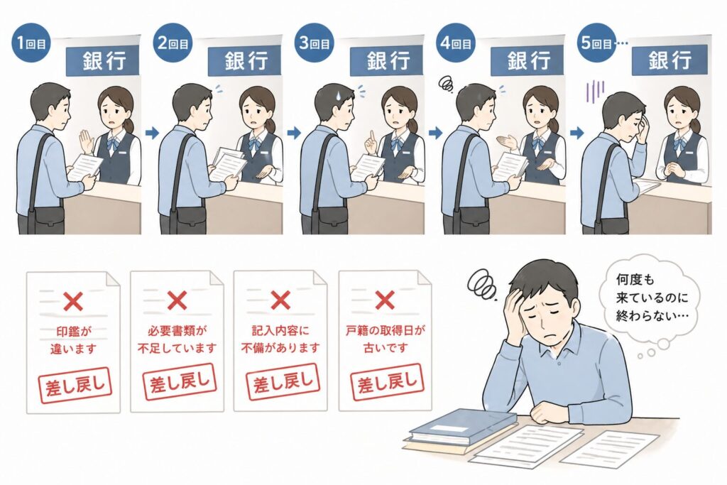銀行の相続手続きで何度も差し戻しを受け、窓口に繰り返し通う男性の様子。書類の不備や不足により手続きが進まず困っているイメージ。