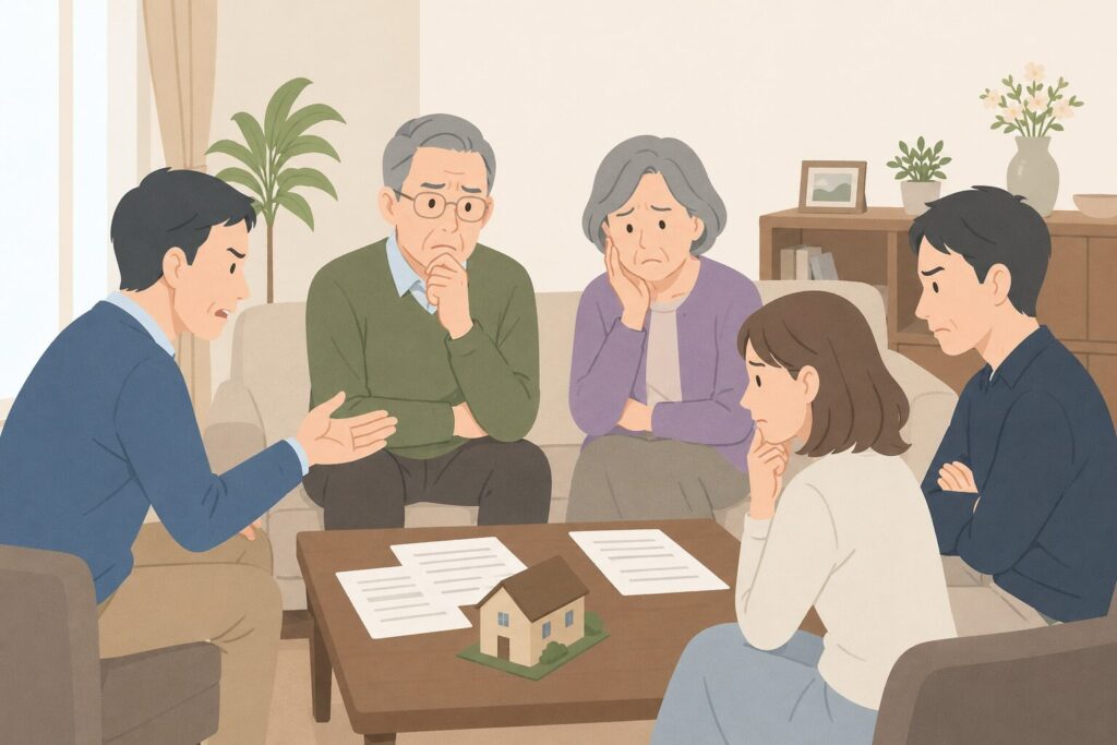 遺言書がなく相続について話し合う日本の家族。リビングで高齢の親と子どもたちが困った表情で相談している様子