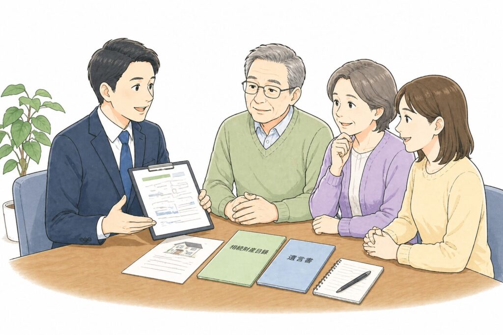 相続について専門家に相談している日本の家族。スーツの専門家が書類を見せながら説明し、家族が安心した表情で話を聞いている様子