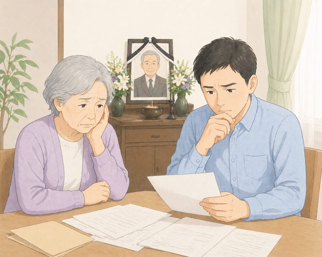 父の遺影の前で、書類を見ながら相続手続きに悩む母と子どもの様子