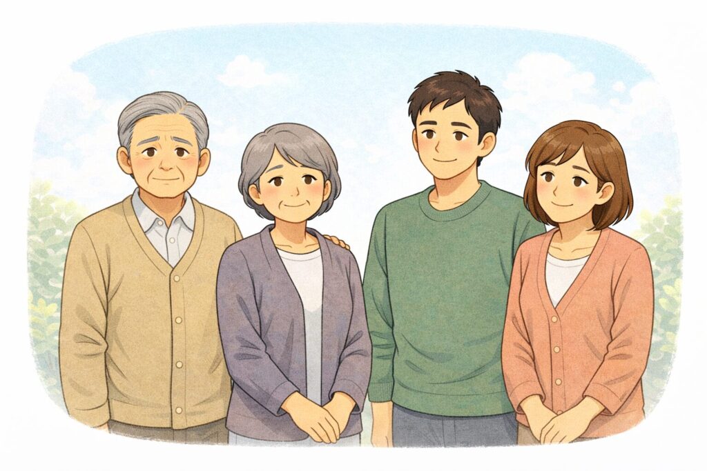 将来に安心した表情を見せる日本人の高齢者と家族。相続の不安が解消され、穏やかに並んでいる様子