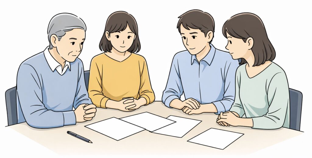 遺産分割協議で複数の相続人がテーブルを囲み、書類を見ながら落ち着いて話し合っている様子のイラスト