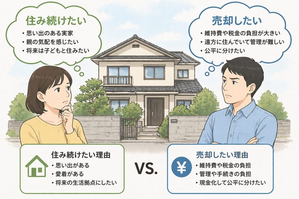 実家の一戸建てを前に、兄弟の一人は住み続けたい、もう一人は売却したいと考え、意見が分かれている様子