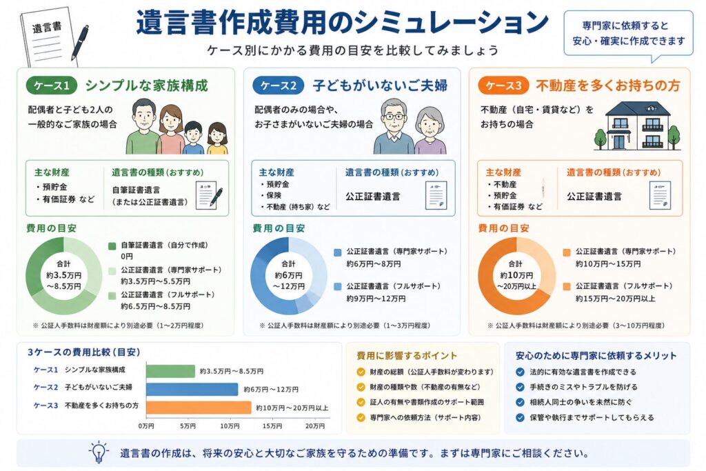 遺言書作成費用を3つのケース(シンプルな家族・子どもなし・不動産あり)で比較した図解