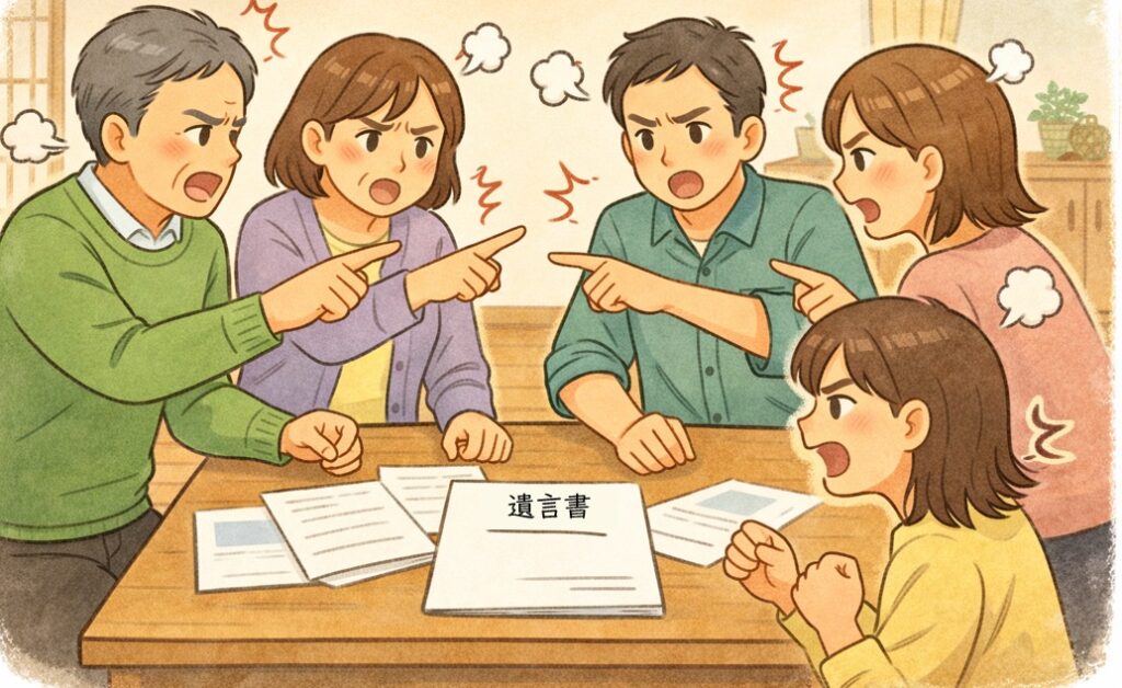 遺言書を巡って家族が言い争いになっている様子とテーブル上の遺言書