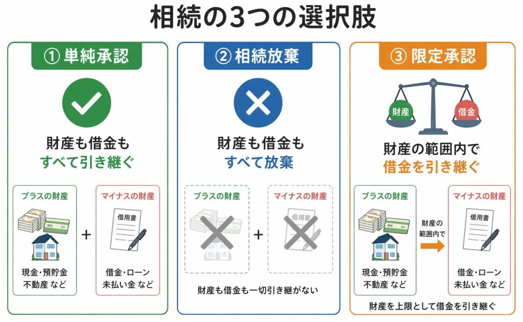 相続の3つの選択肢(単純承認・相続放棄・限定承認)を比較した図解。それぞれの違いとして、財産と借金の引き継ぎ方が示されている。