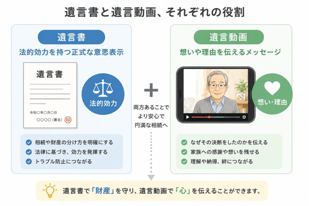遺言書は法的効力、遺言動画は想いや理由を伝える役割を示した比較図