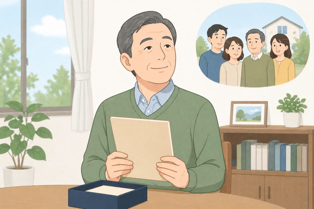 公正証書遺言を準備して安心している中高年男性のイラスト。穏やかな表情で将来に備えている様子