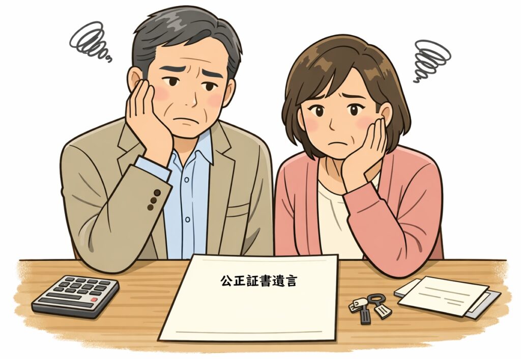 机の上の公正証書遺言を見ながら、相続手続きについて悩んでいる日本人の中高年夫婦のイラスト