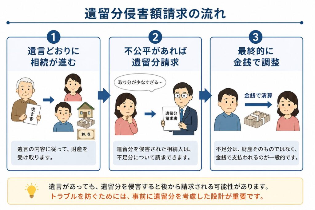 遺留分侵害額請求の流れを示す図。遺言どおりに相続が進んだ後、不公平があれば遺留分請求が行われ、最終的に金銭で調整されるプロセスを説明している。