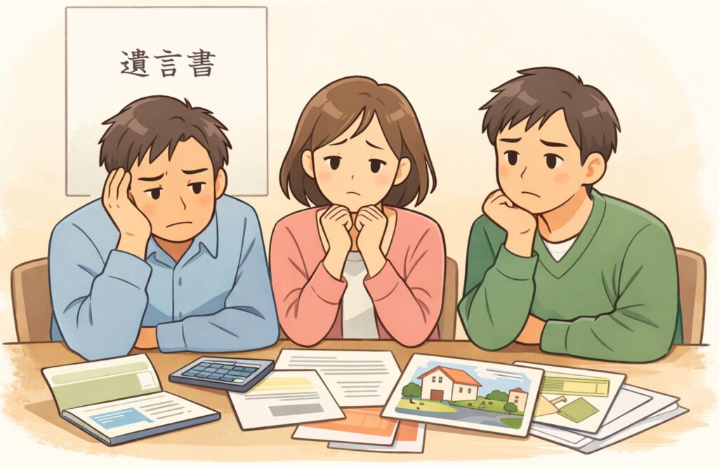 相続手続きに悩む日本人家族が、書類や通帳、不動産資料を前に不安そうな表情で話し合っている様子