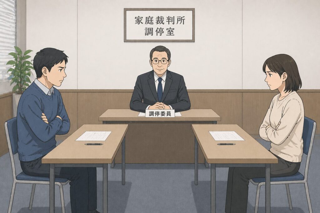 家庭裁判所の調停で、中央に調停委員、両側に距離を置いて座る兄弟が向かい合っている様子