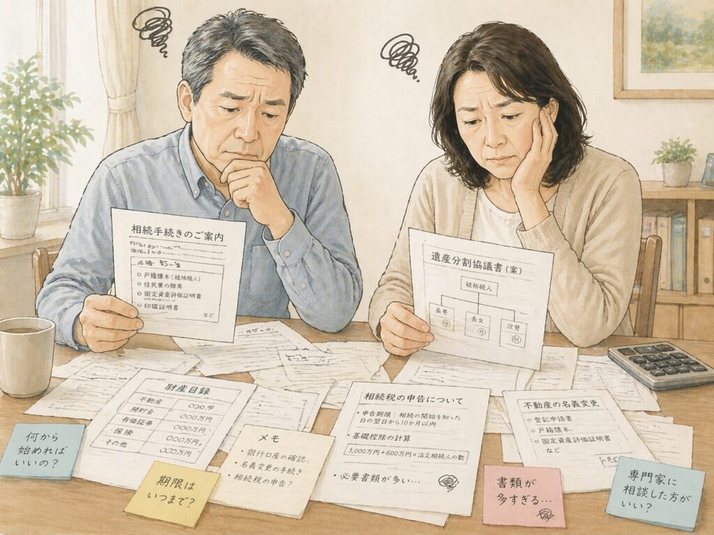 複雑な相続書類やメモを前に、日本人の中高年男女が悩んでいる様子