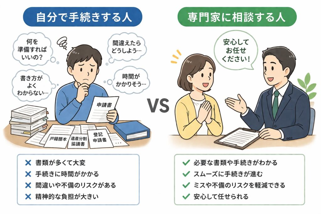 自分で手続きする場合と専門家に相談する場合の違いを比較した図