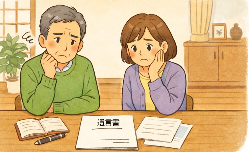 遺言書について悩む中高年の夫婦が書類を見ながら困っている様子