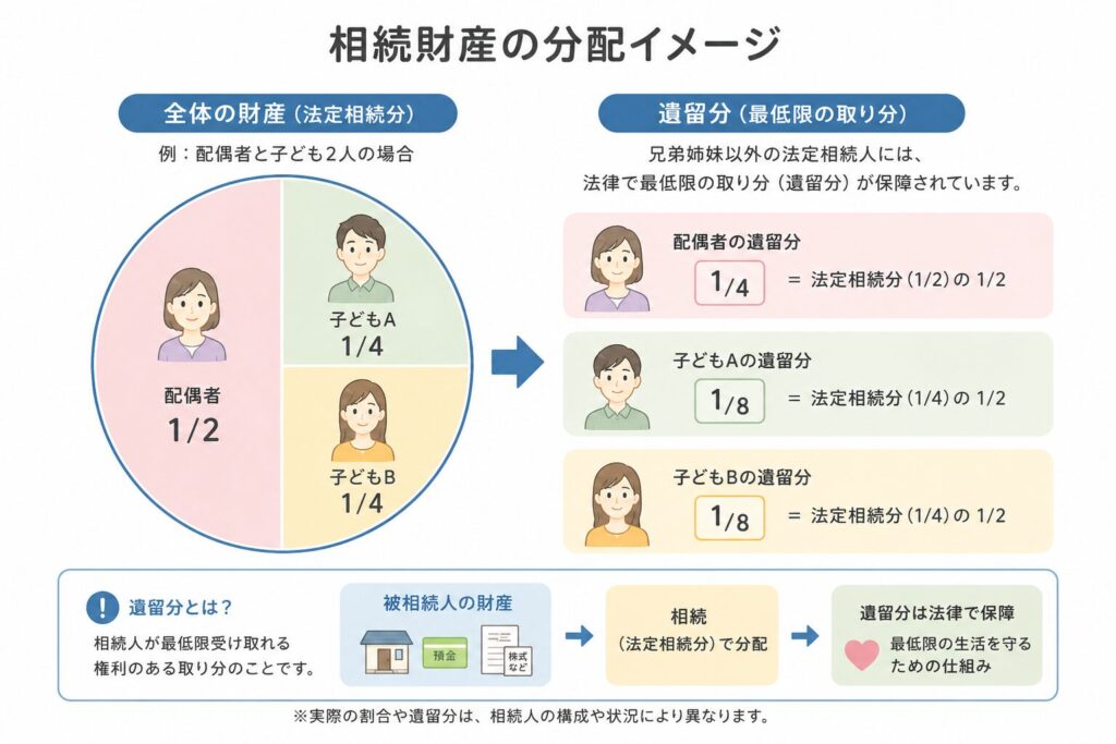 相続財産の分配と遺留分の割合を円グラフで示した図解イラスト。配偶者と子どもに分かれる割合と最低限の取り分が視覚的に表現されている