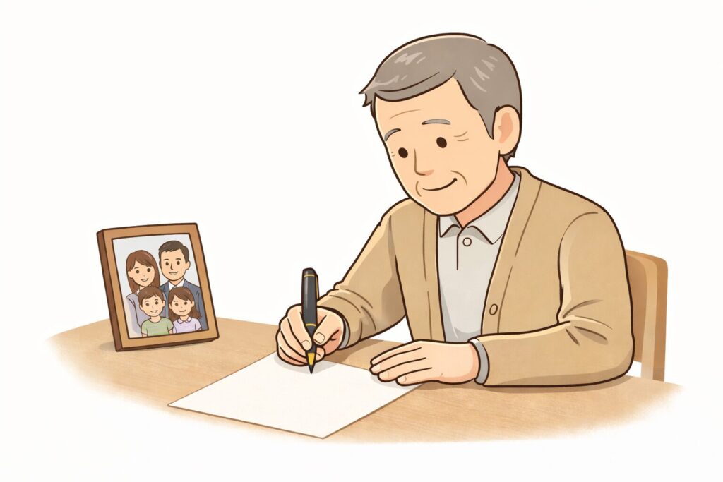 家族への想いを込めて遺言書を書いている高齢者のイラスト。家族写真を見ながら穏やかな表情でペンを走らせている。