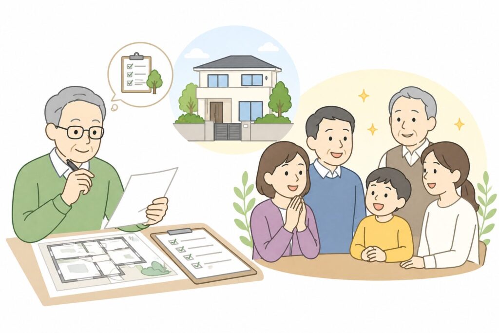相続対策として設計図やチェックリストを確認しながら計画を立てる人物と、円満な家族の様子を表したイラスト