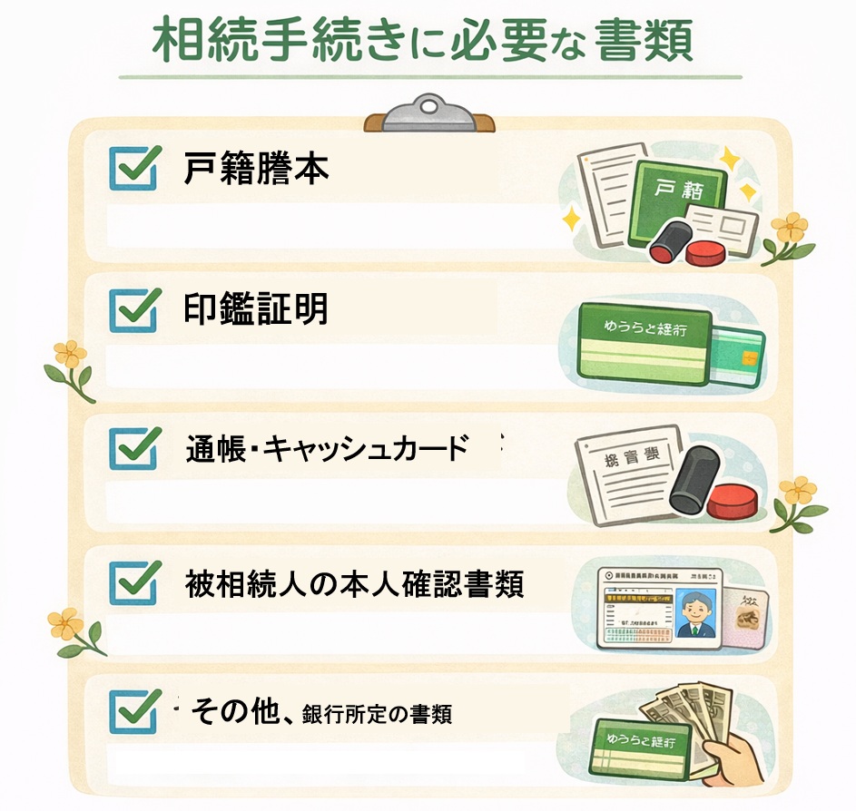 相続手続きに必要な書類を一覧で示したチェックリスト図。戸籍謄本、印鑑証明書、通帳、遺産分割協議書などをアイコン付きで分かりやすく整理したインフォグラフィック。