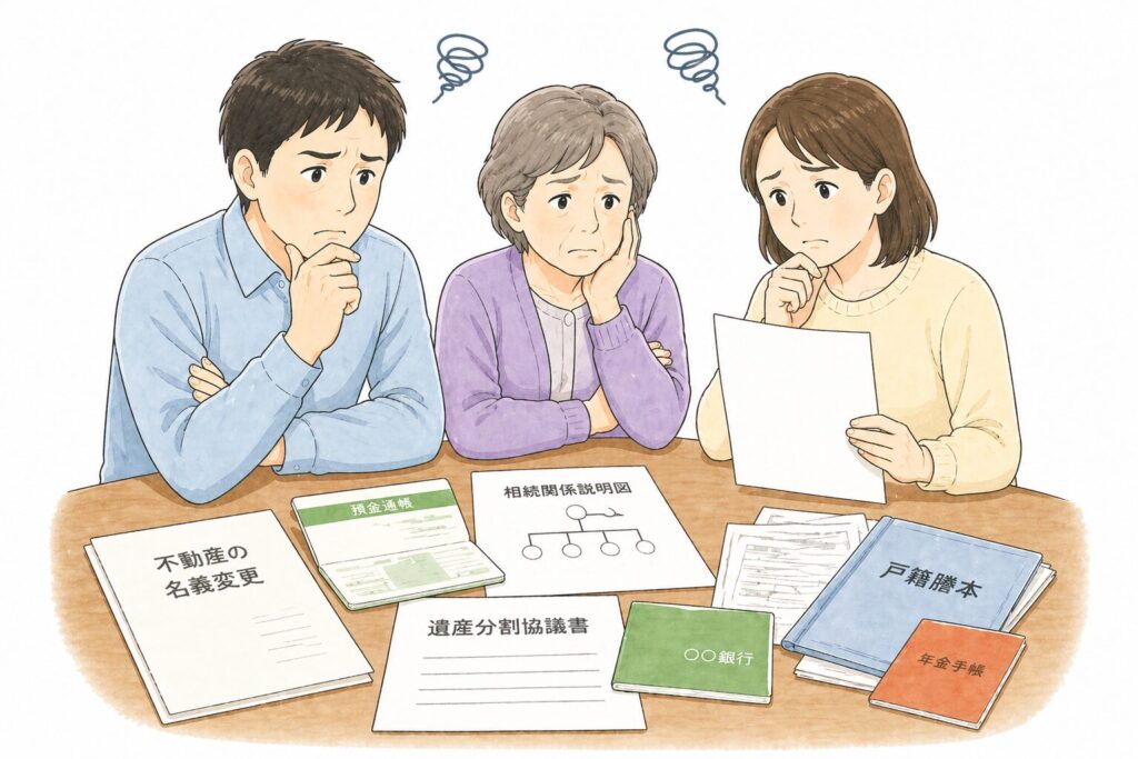 相続手続きに悩む日本の家族。書類や通帳を前に困った表情で相談している様子