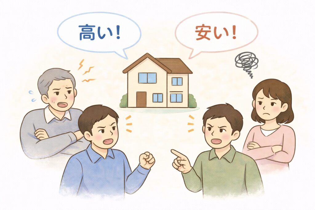 不動産の評価額を巡って相続人同士が対立しているイラスト。中央の家を囲み、「高い」「安い」と意見が分かれ、不満や困惑の表情をしている。
