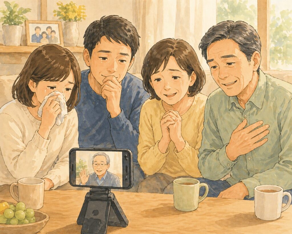 動画に映る亡くなった家族のメッセージを見て、涙ぐみながら微笑む日本人の家族