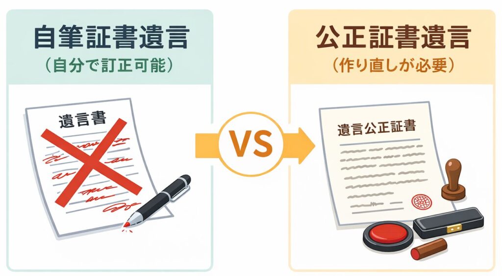 自筆証書遺言と公正証書遺言の違いを比較した図解イラスト