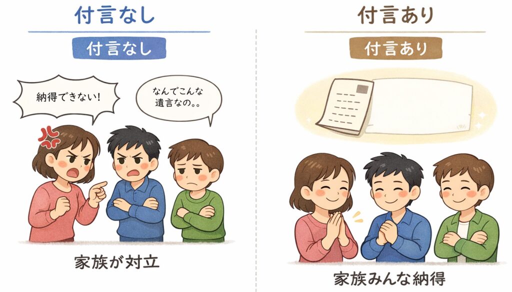 遺言書の付言の有無による違いを示した比較イラスト。付言なしでは家族が対立し、付言ありでは納得している様子を左右で対比している。