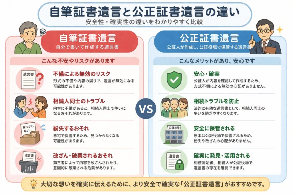 自筆証書遺言と公正証書遺言の違いを比較した図（不安・トラブル・紛失と安心・安全・保管の対比）
