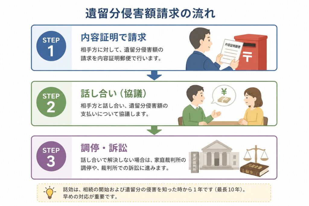 遺留分侵害額請求の流れ(内容証明で請求→話し合い→調停・訴訟)を示したフローチャート図