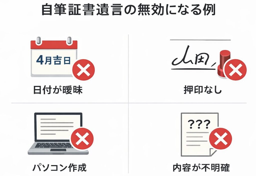 自筆証書遺言が無効になる例を示す図解。日付が曖昧、押印なし、パソコン作成、内容が不明確といったNGケースをアイコンとバツマークで分かりやすく説明している。