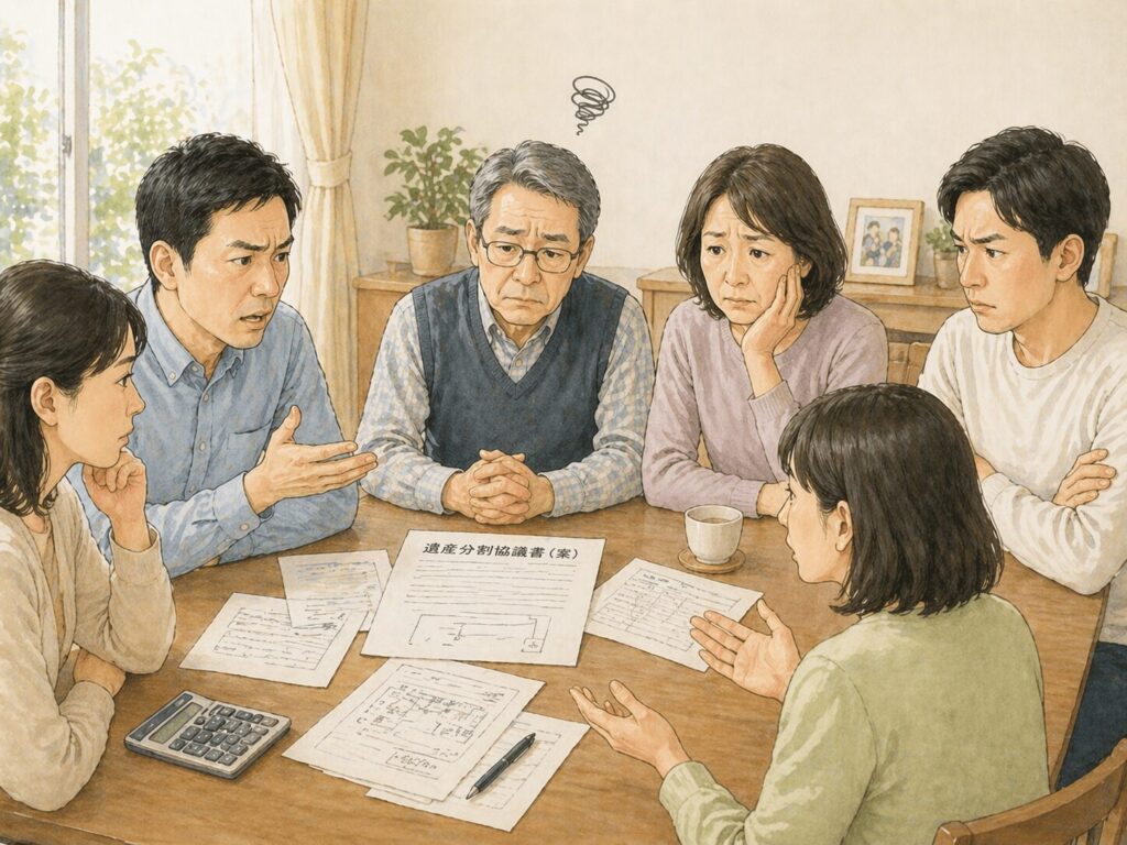 遺産分割をめぐり意見が対立し、テーブルを囲んで話し合う日本人家族が困った表情をしている様子