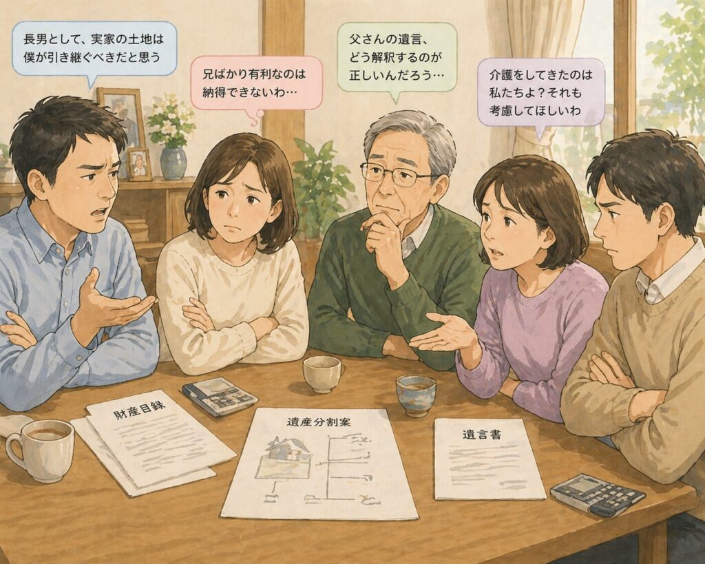 相続について意見が分かれ、困惑や不満な表情で話し合う日本人の家族