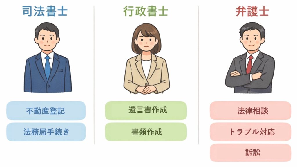 司法書士・行政書士・弁護士の業務範囲の違いを比較した図解。不動産登記、遺言書作成、法律相談などの役割を分かりやすく整理