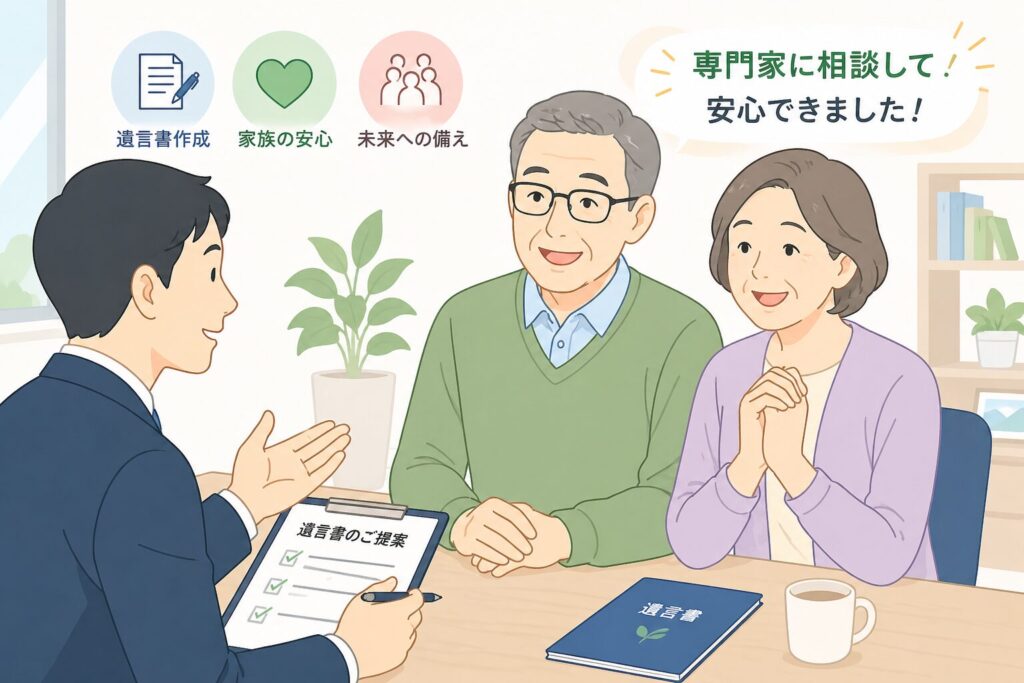 遺言書について専門家に相談し、安心した表情を見せる中高年の日本人夫婦のイラスト