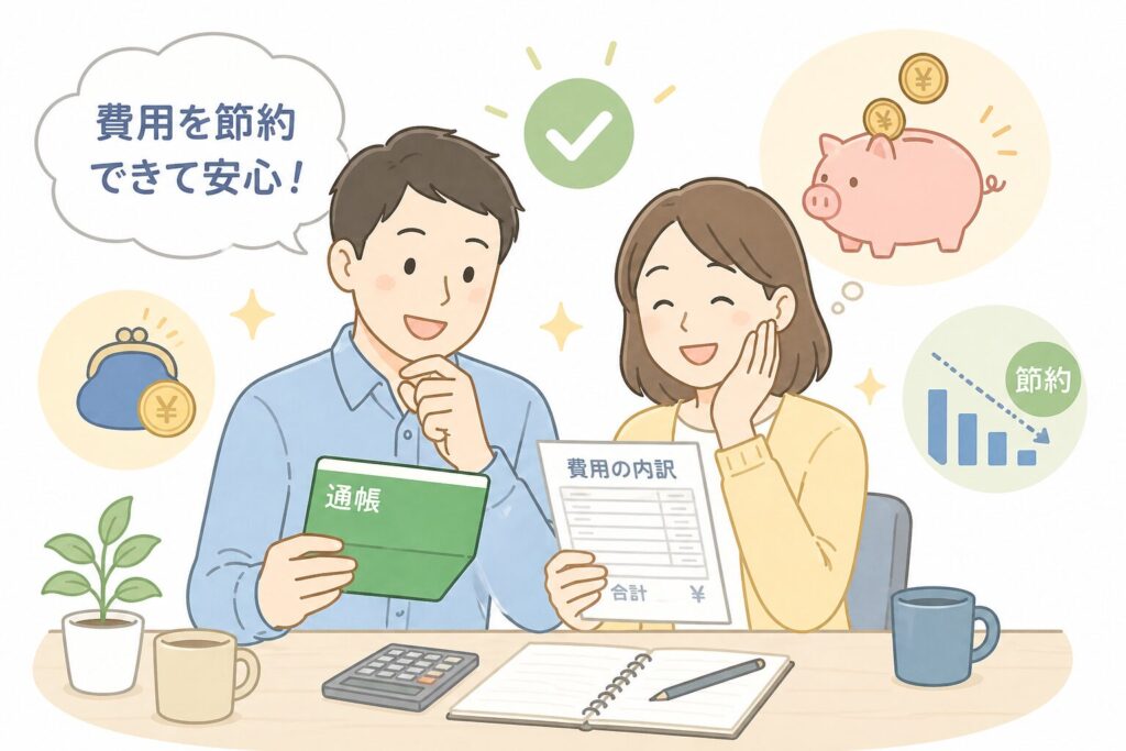 通帳や書類を見て安心している男女のイラスト。費用を節約できた様子を表している。