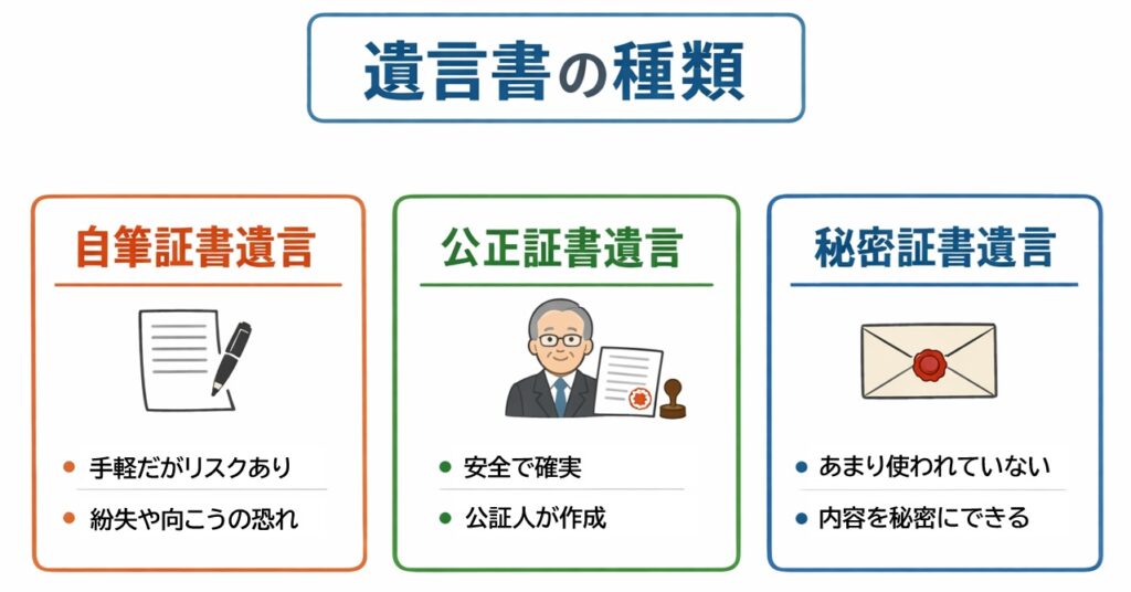 遺言書の種類（自筆証書遺言・公正証書遺言・秘密証書遺言）を比較し、それぞれの特徴や違いを分かりやすくまとめた図解