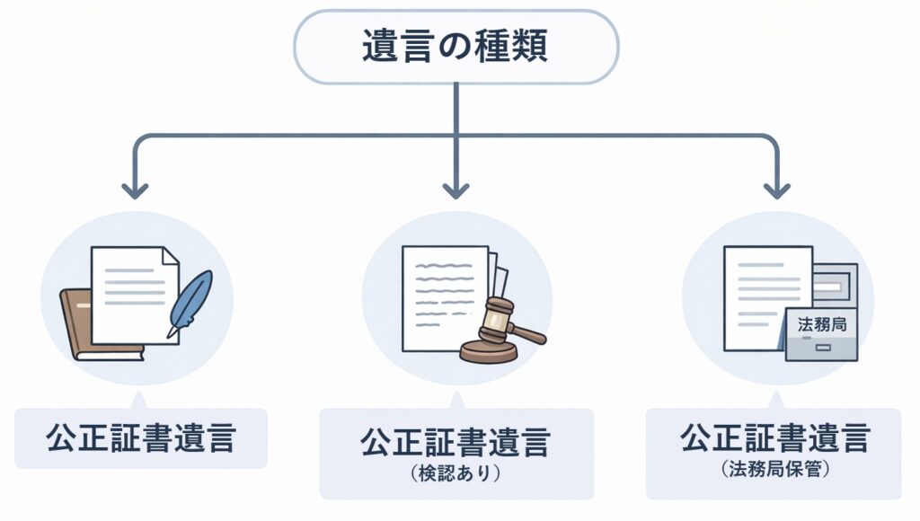 遺言の種類による違いを示した分岐図。公正証書遺言、自筆証書遺言（検認あり）、自筆証書遺言（法務局保管）の3種類を比較した図解。