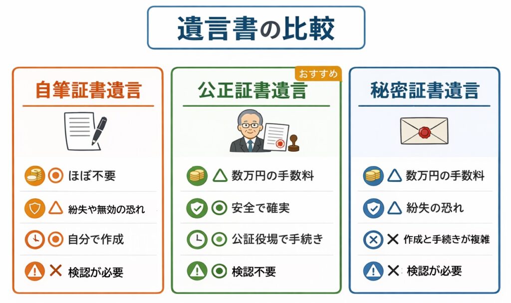 自筆証書遺言・公正証書遺言・秘密証書遺言の違いを、費用・安全性・手間・リスクの観点から比較した図解インフォグラフィック