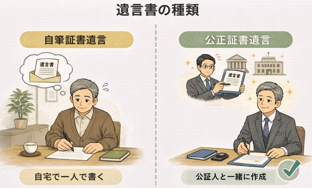 自筆証書遺言と公正証書遺言の違いを比較した図。自宅で一人で作成するケースと、公証人と一緒に作成するケースの安心感の違いを表現。