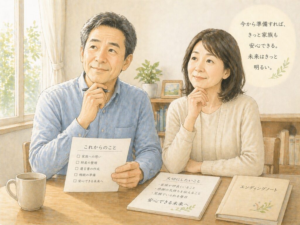将来について前向きに考え、決断しようとしている日本人の中高年夫婦の様子