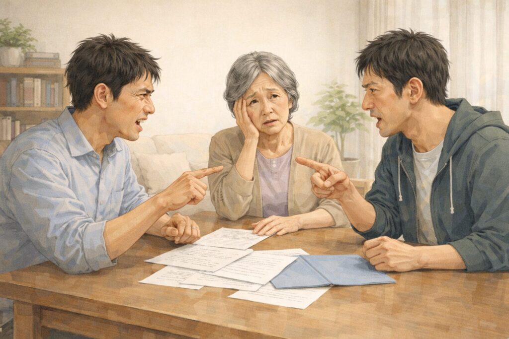 相続について意見が対立し、兄弟が言い合いになっている中で母親が困っている様子