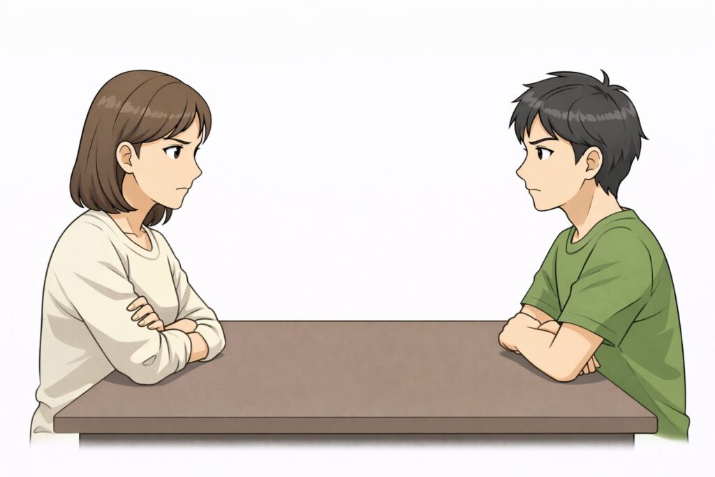 相続の話し合いで緊張した雰囲気の中、テーブル越しに向かい合う再婚相手と子どもの様子