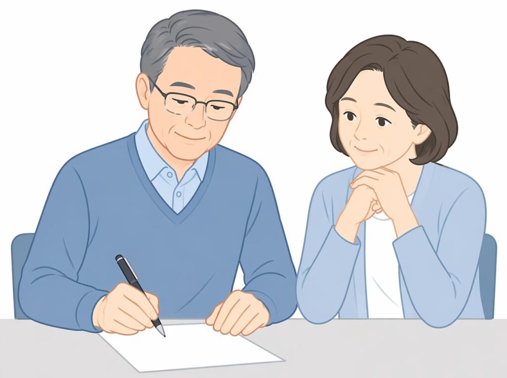 自宅で遺言書を作成する中高年の日本人男性と、隣で安心して見守る配偶者の女性