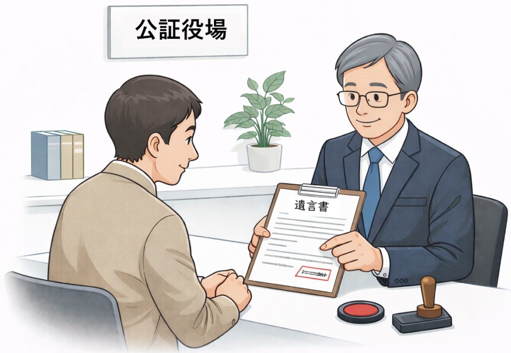 公証役場で遺言書を確認する公証人と依頼者のイラスト