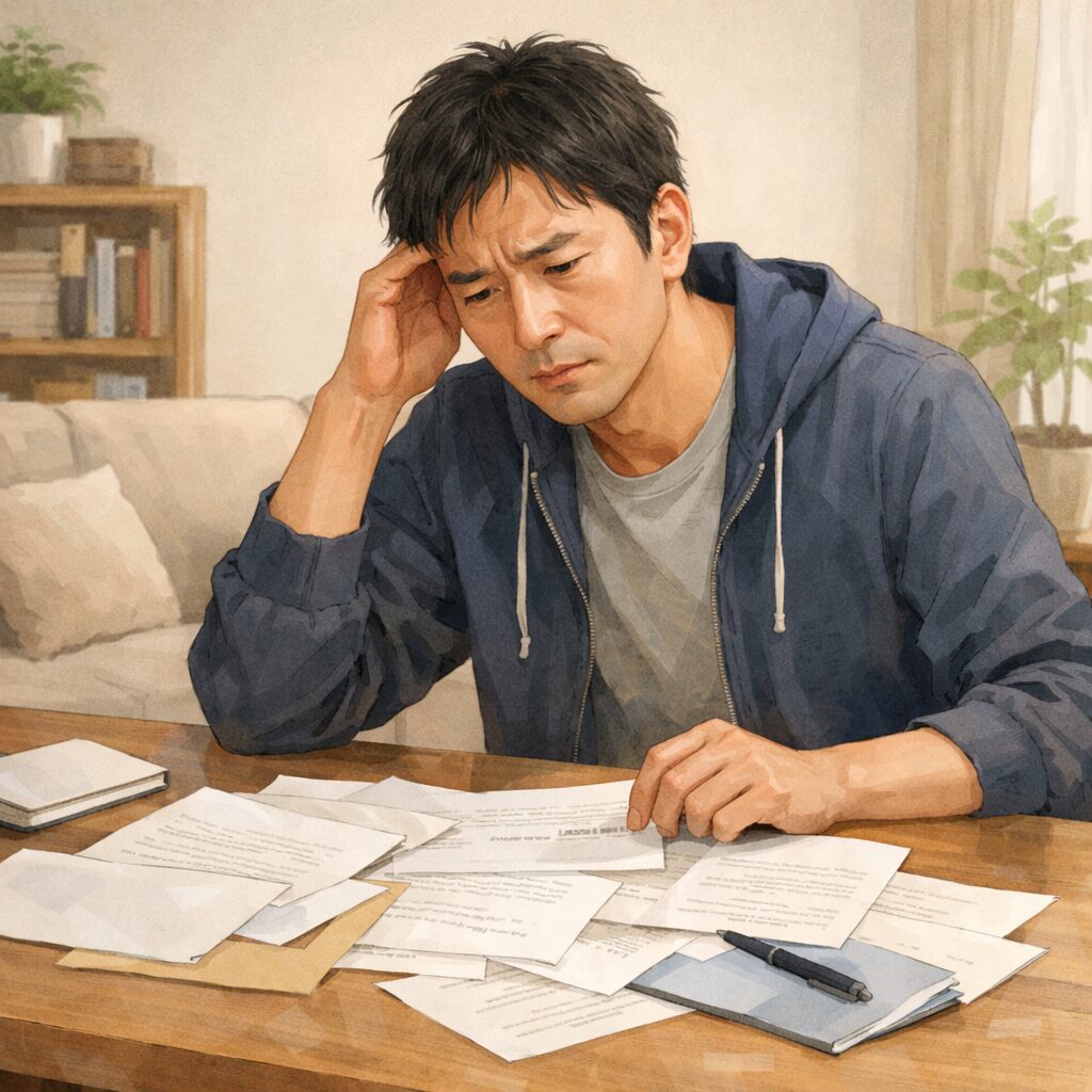 遺言書が見つからず困っている40代男性が、自宅で書類を確認しながら不安そうにしている様子