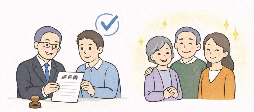公正証書遺言の安心感を示すイラスト。公証人と依頼者が遺言書を確認し、家族が安心している様子を表現
